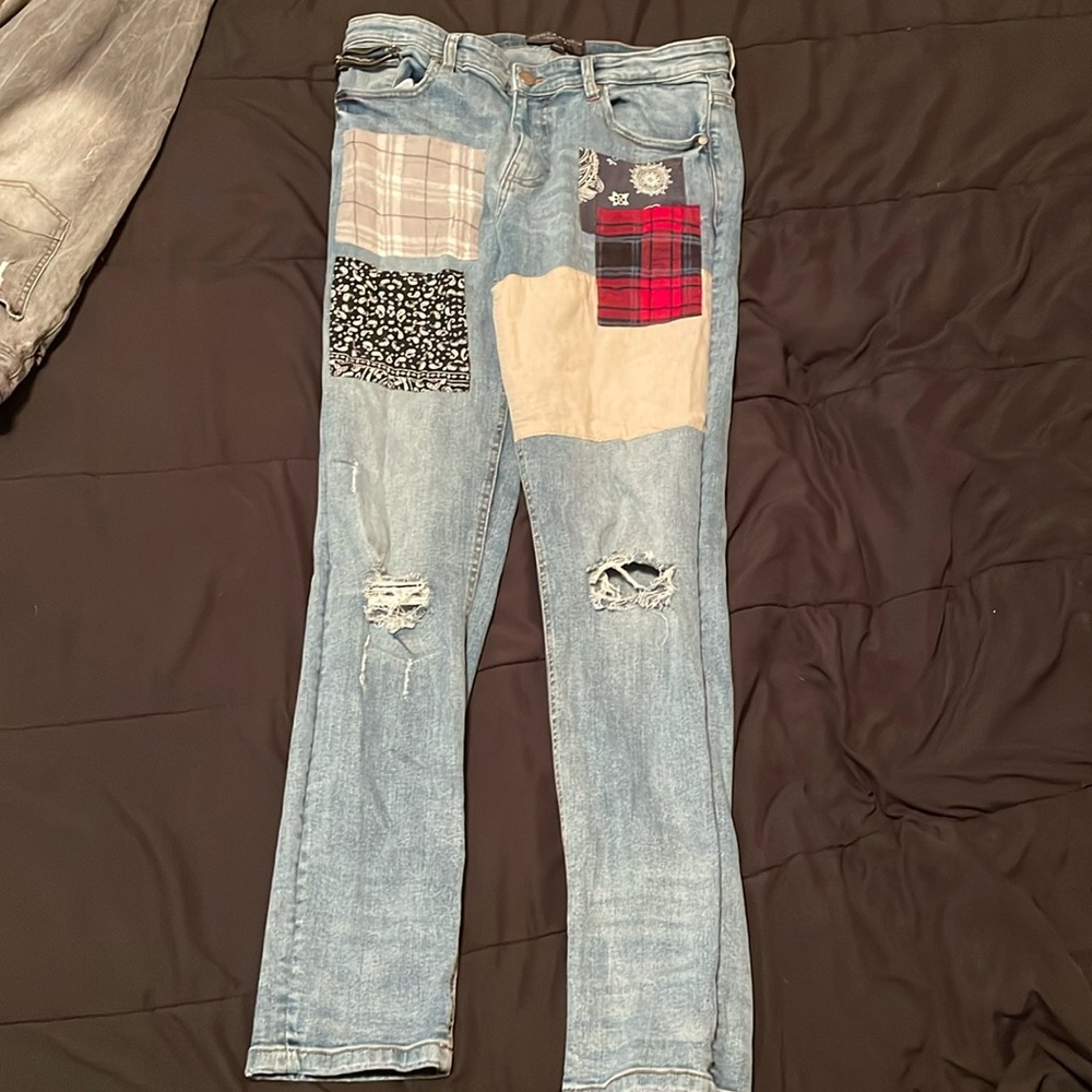 Denim Graffiti Patched Jeans